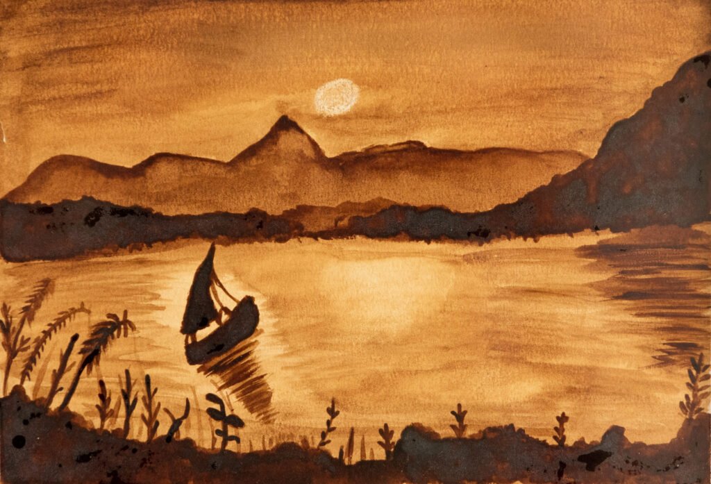 Dusky Dusk, a coffee painting of a sailboat at sunset by Vandana Bhasin