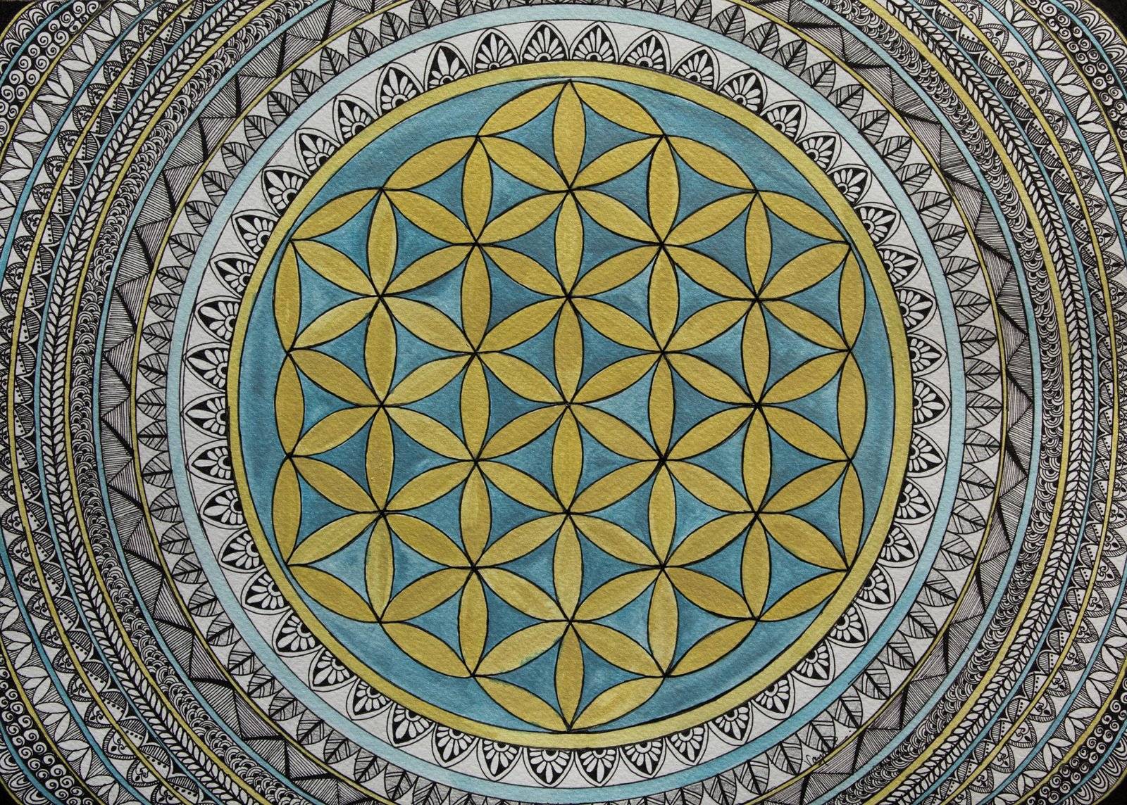 Blessings of the Universe, a teal and gold Flower of Life mandala by Vandana Bhasin